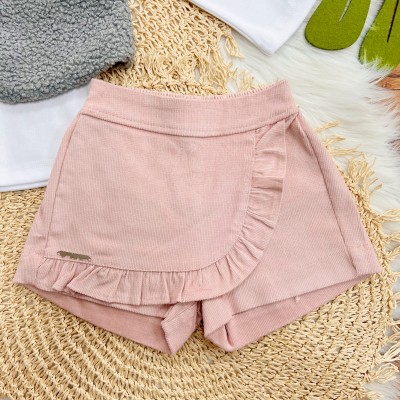  Conj. Colete de Pelinho, Blusa Gola Bordada Rosinhas e Short Veludo Canelado - Cinza e Rosa